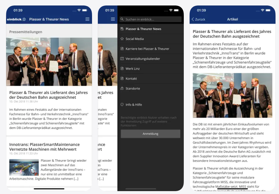 Einblick in die Mitarbeiter-App von Plasser & Theurer